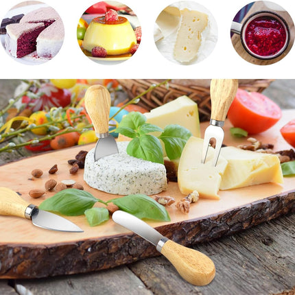 4-Piece Mini Wooden Handle Stainless Steel Cheese Set - Slicer, Knife, Fork, Butter Knife for Charcuterie & Cheese Spread.