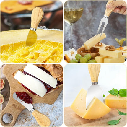 4-Piece Mini Wooden Handle Stainless Steel Cheese Set - Slicer, Knife, Fork, Butter Knife for Charcuterie & Cheese Spread.