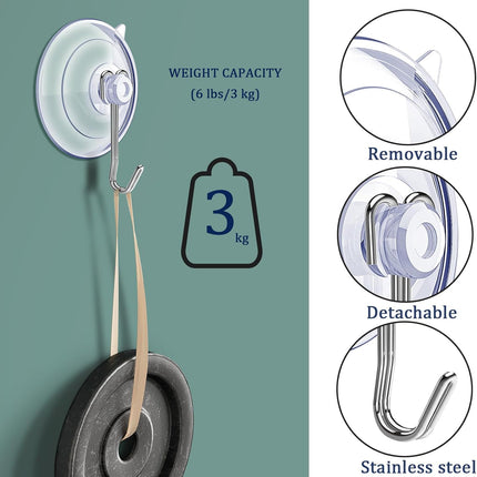 Suction Cup Hooks,6 PCS Clear Suction Cup for Glass Window Decor Shower Bathroom Glass Window Shower Kitchen, Reusable PVC Cups with Removable Stainless Hooks, Assorted (6).