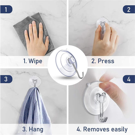 Suction Cup Hooks,6 PCS Clear Suction Cup for Glass Window Decor Shower Bathroom Glass Window Shower Kitchen, Reusable PVC Cups with Removable Stainless Hooks, Assorted (6).