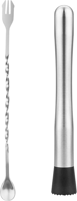 Muddler for Cocktails, 10" Muddler and Long Handle Bar Cocktail Mixing Spoon, Stainless Steel Stirrer, Bar Accessories Tools for Mojitos Fruit Drinks.