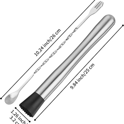 Muddler for Cocktails, 10" Muddler and Long Handle Bar Cocktail Mixing Spoon, Stainless Steel Stirrer, Bar Accessories Tools for Mojitos Fruit Drinks.