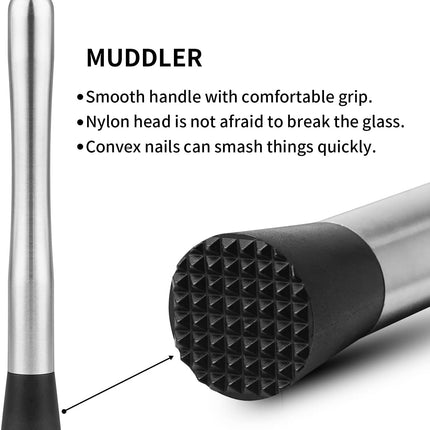 Muddler for Cocktails, 10" Muddler and Long Handle Bar Cocktail Mixing Spoon, Stainless Steel Stirrer, Bar Accessories Tools for Mojitos Fruit Drinks.