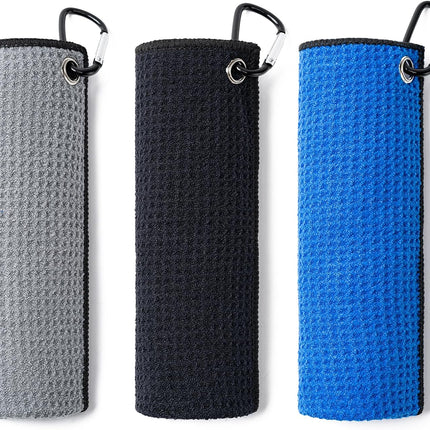 3 Pack Golf Towels(16" X 16") with Carabiner Clip,Microfiber Fabric Waffle Pattern Towels for Golf Bags,Tri-Fold Portable Towels for Men Women,Blue/Black/Gray.