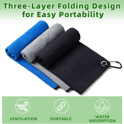3 Pack Golf Towels(16" X 16") with Carabiner Clip,Microfiber Fabric Waffle Pattern Towels for Golf Bags,Tri-Fold Portable Towels for Men Women,Blue/Black/Gray.