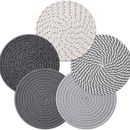 7 Inch Trivets for Hot Dishes, Pots and Pans, 5 Heat Resistant Pot Holders for Kitchen, Home Essentials, Hot Pads for Countertop and Table, Farmhouse Decor Vase Mats, Gray.