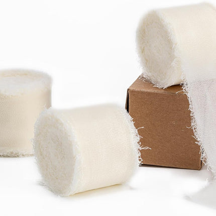 Ivory Handmade Chiffon Ribbon,1.5Inch x 3 Rolls Total 24 Yards Ivory Fringe Chiffon Silk Ribbon,for Wrapping Wedding Invitations,Bridal Bouquets,DIY Crafts,Home Decor and More.