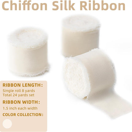 Ivory Handmade Chiffon Ribbon,1.5Inch x 3 Rolls Total 24 Yards Ivory Fringe Chiffon Silk Ribbon,for Wrapping Wedding Invitations,Bridal Bouquets,DIY Crafts,Home Decor and More.