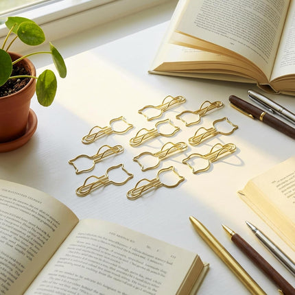 10-Pack Metal Pen Clips - Cute Cat Shaped Gold Paperclip Pen Holder for Notebooks and Papers - Metal Pen Clip Holder and Pen Holder Clip - School Office Supplies.