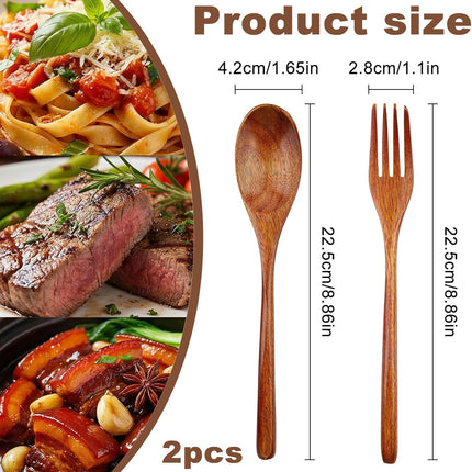 2Pcs Wooden Spoons and Forks - Reusable Wooden Utensil Set - Handmade Flatware Tableware Cutlery for Cooking Eating Kitchen Travel and Camping.