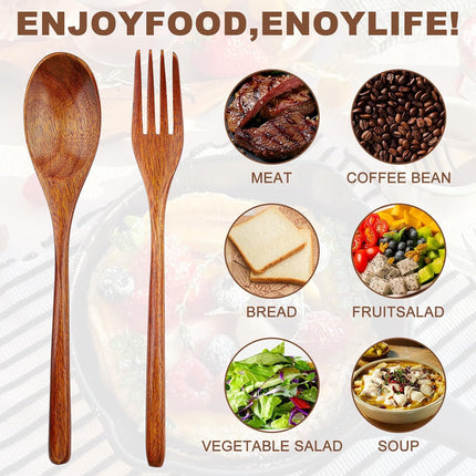 2Pcs Wooden Spoons and Forks - Reusable Wooden Utensil Set - Handmade Flatware Tableware Cutlery for Cooking Eating Kitchen Travel and Camping.