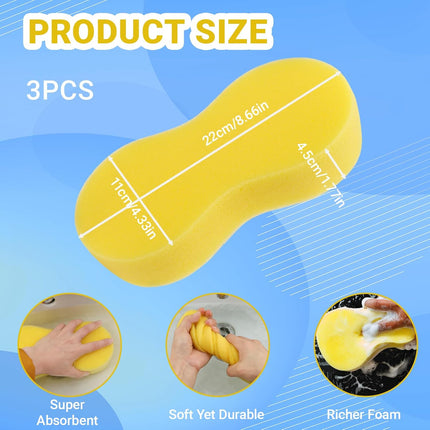 3-Pack Car Wash Sponges, 8.7" x 4.3" Large Sponges - Extra Thick Foam Cleaning Sponge for All-Purpose Cleaning, Ideal Washing Sponges for Kitchen, Bathroom, Household.
