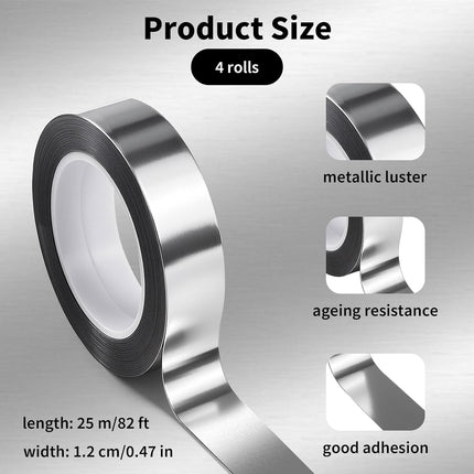 4 Rolls/110 Yard Metallic Mirror Tape - Silver 1/2'' Decorative Tapes - Self Adhesive Polyester Film Decor Tapes - DIY Graphic Art Tape - Wall Decor TV Frame Crafts Gift Box Wrapping.
