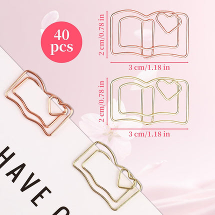 40-Pack Book-Shaped Paper Clips - Rose Gold & Gold Decorative Planner Clips Paperclips (1.18") for Office, School, Wedding, Journals - Cute Bookmark Clips for Gifts & Stationery Supplies.