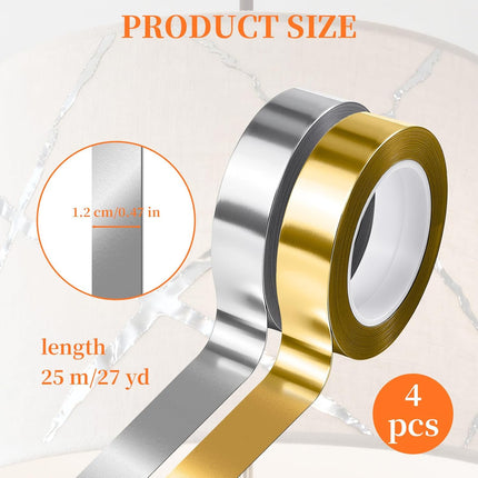 4 Rolls/110 Yard Metallic Mirror Tape - Gold & Silver 1/2'' Decorative Tapes - Self Adhesive Polyester Film Decor Tapes - DIY Graphic Art Tape - Wall Decor TV Frame Crafts Gift Box Wrapping.