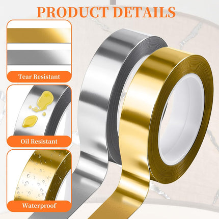 4 Rolls/110 Yard Metallic Mirror Tape - Gold & Silver 1/2'' Decorative Tapes - Self Adhesive Polyester Film Decor Tapes - DIY Graphic Art Tape - Wall Decor TV Frame Crafts Gift Box Wrapping.