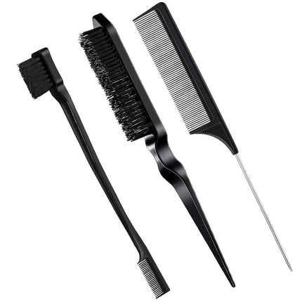 3 Pcs Slick Back Hair Brush Set Bristle Brush Edge Control Teasing Comb for Women Black Hair(Black).