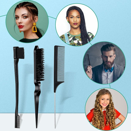 3 Pcs Slick Back Hair Brush Set Bristle Brush Edge Control Teasing Comb for Women Black Hair(Black).