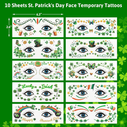 Ceiba Tree St. Patrick's Day Face Stickers Temporary Tattoos 10 Sheets Saint Patrick's Day Irish Shamrock Clover Make up Accessories for Women Kids Party Favors Decorations.