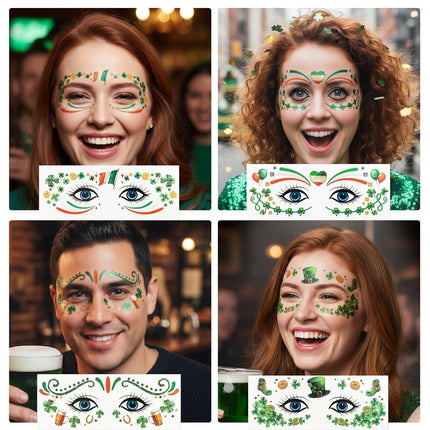 Ceiba Tree St. Patrick's Day Face Stickers Temporary Tattoos 10 Sheets Saint Patrick's Day Irish Shamrock Clover Make up Accessories for Women Kids Party Favors Decorations.
