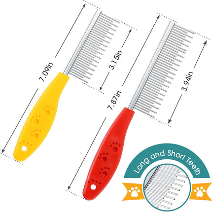 2 Pieces Pet Hair Comb Small Pet Grooming Stainless Steel Long and Short Teeth Comb for Small Dog Cat Animals Rabbits Bunny Hamsters Guinea Pigs, Red and Yellow.