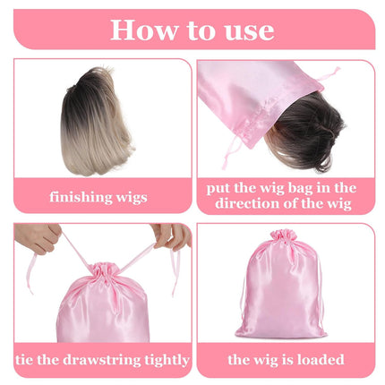 4Pcs Wig Bags with Satin Drawstring,Pink Wig Bags Storage for Wigs Extension Bundle.