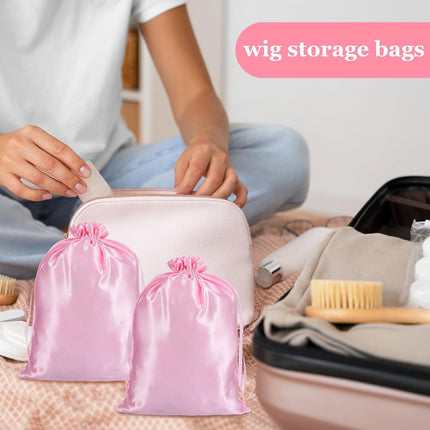4Pcs Wig Bags with Satin Drawstring,Pink Wig Bags Storage for Wigs Extension Bundle.