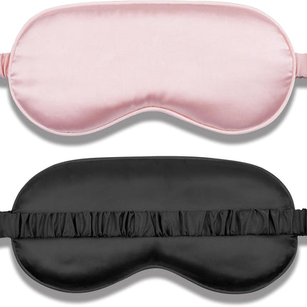 Silk Sleep Mask Set of 2, Adjustable Silk Eye Mask for Sleeping, Soft Sleeping Eye Shade Cover for Women, Good for Blocking Light, Reducing Puffiness, Enhancing Sleep Quality (Pink & Black).