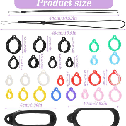 34Pcs Anti-Lost Lanyard Set Include 9 Style Black Silicone Rubber Rings-3Pcs Adjustable Lanyards,4 Style Colorful Rubber Rings,Soft Pen Protective Holder for Keychain Necklace Pen.