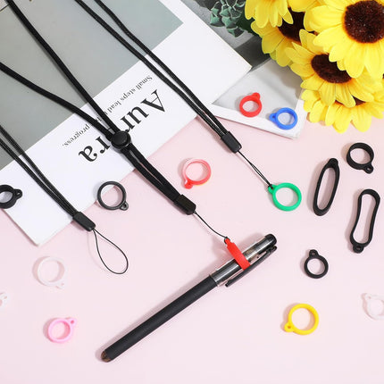 34Pcs Anti-Lost Lanyard Set Include 9 Style Black Silicone Rubber Rings-3Pcs Adjustable Lanyards,4 Style Colorful Rubber Rings,Soft Pen Protective Holder for Keychain Necklace Pen.
