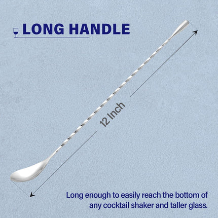 Bar Spoon Cocktail Mixing Stirrers for Drink, Stainless Steel 12 Inches Long Handle, Silver 2 Pieces.