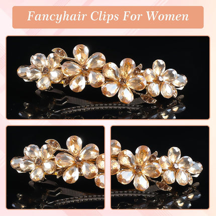 Champagne Rhinestone Hair Clips,Shimmeroo Fancy Hair Clips for Women,Flower Crystal Hairs Clip for Elegant Wedding & Party Barrettes.