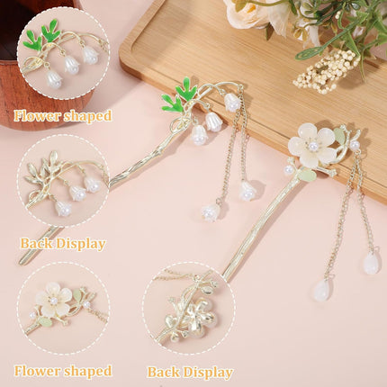 2PCS Chinese Hair Sticks,Lily of the Valley Hairpin Fringed Flowers Decor Hairstick for Women Headdress Fork for Women Hanfu Accessories.