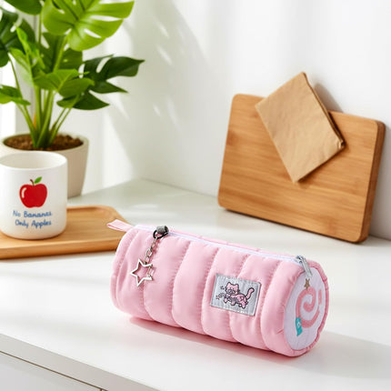 Pink Kawaii Pencil Case, Cream Roll Cartoon Large Capacity Cute Pencil Bag with Zipper, Cat Makeup Organizer Storage Box Office Stationery Nice Gift Stocking Stuffers.