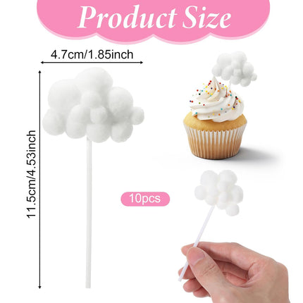 Shimmeroo 10Pcs Cupcake Cloud Decorations, Plush Cute Cloud Decorations Dessert Picks Toppers Yarn Ball Cake Picks for Baby Shower Birthday Wedding Party Supplies (White).