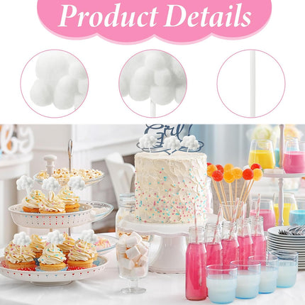 Shimmeroo 10Pcs Cupcake Cloud Decorations, Plush Cute Cloud Decorations Dessert Picks Toppers Yarn Ball Cake Picks for Baby Shower Birthday Wedding Party Supplies (White).