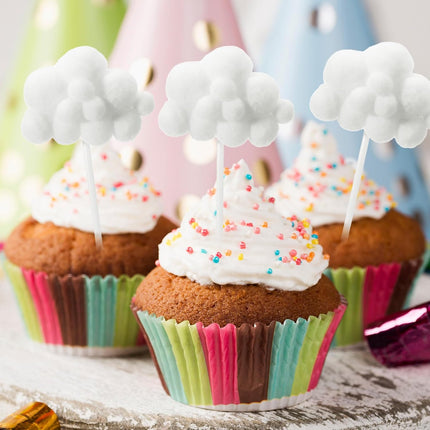 Shimmeroo 10Pcs Cupcake Cloud Decorations, Plush Cute Cloud Decorations Dessert Picks Toppers Yarn Ball Cake Picks for Baby Shower Birthday Wedding Party Supplies (White).