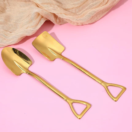 2PCS Mini Gold Shovel Spoons, Stainless Steel Shovel Spoons Square Head Pointed Reusable Spoon Set for Coffee Dessert Ice Cream Tea Appetizers New Home Couples Gift.