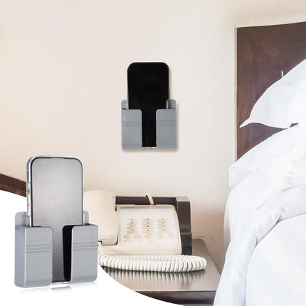2 Pcs Wall Mount Phone Holder Self Adhesive Phone Shelf with Data Cable Receiving Hole, Grey Charger Remote Control Storage Box, Cell Cradle Bedside Organizer Remote Control Stand for Home Office.