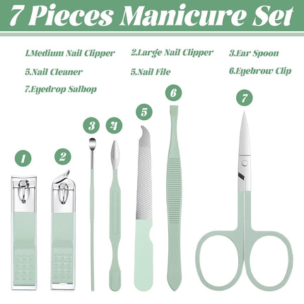 7Pcs Nail Cleaning Kit Professional Travel Nail Clippers with Green Leather Bag, Stainless Steel Manicure Kitcare Tools Grooming for Women Men.