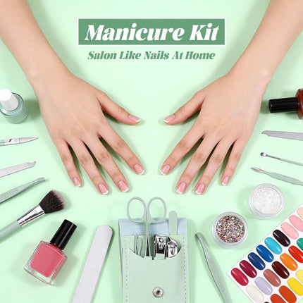 7Pcs Nail Cleaning Kit Professional Travel Nail Clippers with Green Leather Bag, Stainless Steel Manicure Kitcare Tools Grooming for Women Men.