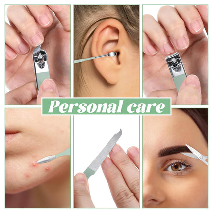 7Pcs Nail Cleaning Kit Professional Travel Nail Clippers with Green Leather Bag, Stainless Steel Manicure Kitcare Tools Grooming for Women Men.