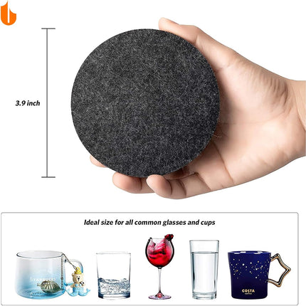 6 PCS Coasters, Eco-Friendly 100% Biodegradable Absorbent Felt Coasters for Drinks Bar Home, 4 Inch (Black Round).