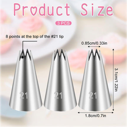 3 Pcs Open Star Cake Decorating Tip #21, Icing Piping Tip for Frosting, Open Star Icing Tips for Cake Decorating.
