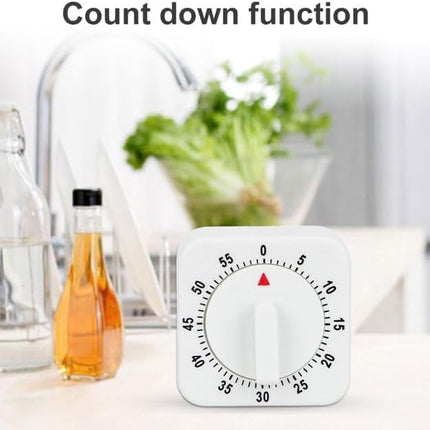 White Timer Clock Square 60-Minute Mechanical Kitchen Timer Wind up Visual Cooking Clock with Loud Alarm No Batteries Required Ideal for Cooking Baking and Kitchen.