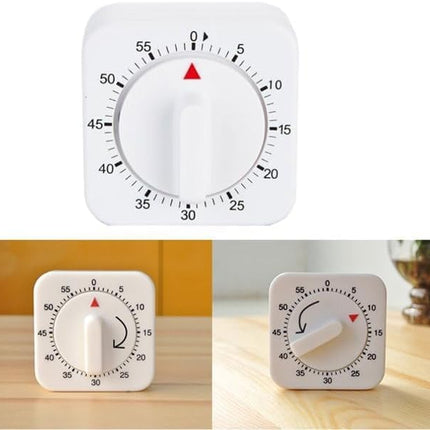 White Timer Clock Square 60-Minute Mechanical Kitchen Timer Wind up Visual Cooking Clock with Loud Alarm No Batteries Required Ideal for Cooking Baking and Kitchen.