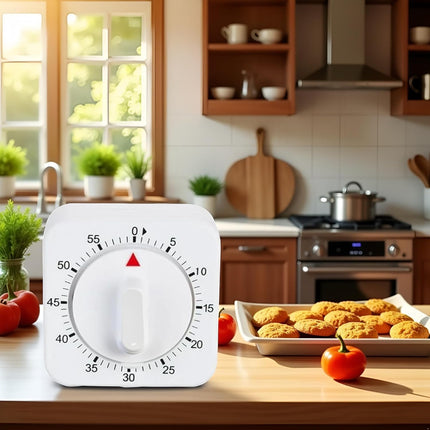 White Timer Clock Square 60-Minute Mechanical Kitchen Timer Wind up Visual Cooking Clock with Loud Alarm No Batteries Required Ideal for Cooking Baking and Kitchen.