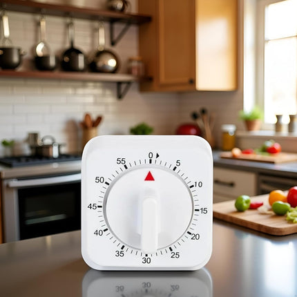 White Timer Clock Square 60-Minute Mechanical Kitchen Timer Wind up Visual Cooking Clock with Loud Alarm No Batteries Required Ideal for Cooking Baking and Kitchen.