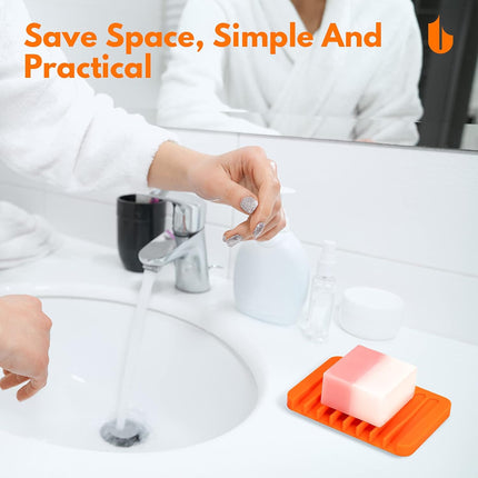 Soap Dish Shower Waterfall Soap Tray Holder for Bathroom, Kitchen, Counter Top, Flexible Silicone, Keep Soap Bars Dry, Easy Cleaning - Orange.
