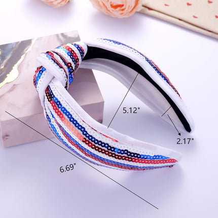 Kvekstio 4th of July Patriotic Headband for Women, Red White Blue American Flag Sequin Knotted Head Band Memorial Day Celebration Gift, Independence Day Festival Party USA Costume Hair Accessories.